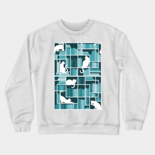 Rainbow bookshelf // monochromatic teal aqua white shelf and library cats Crewneck Sweatshirt